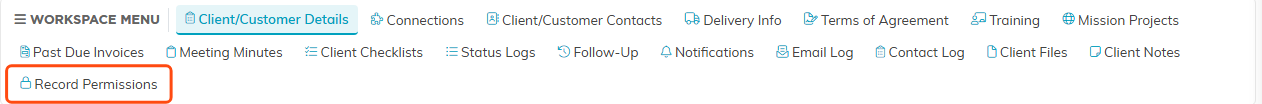 A record workspace menu with the Record Permissions tab outlined