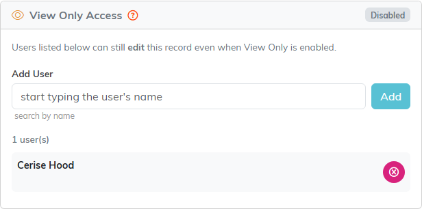 The View Only Access panel with an Add User box and one user listed