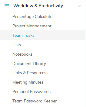 The Workflow and Productivity menu expanded with Team Password Keeper at the bottom