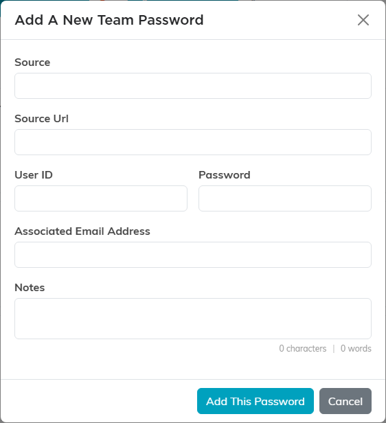 The Add A New Team Password window with Source, Source Url, User ID, Password, Associated Email Address and Notes