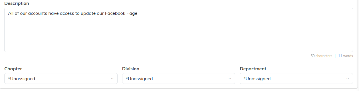 The Description box and the Chapter, Division and Department pickers on a saved password