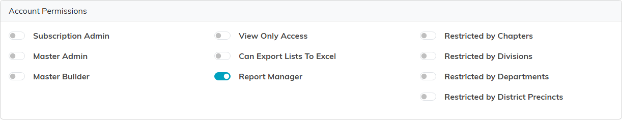The Account Permissions card with switches for Master Admin, Subscription Admin, Master Builder, View Only Access, exporting and the restricted-by settings