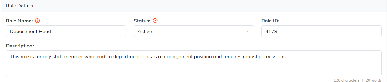 The Role Details card with Role Name, Status, Role ID and a Description box