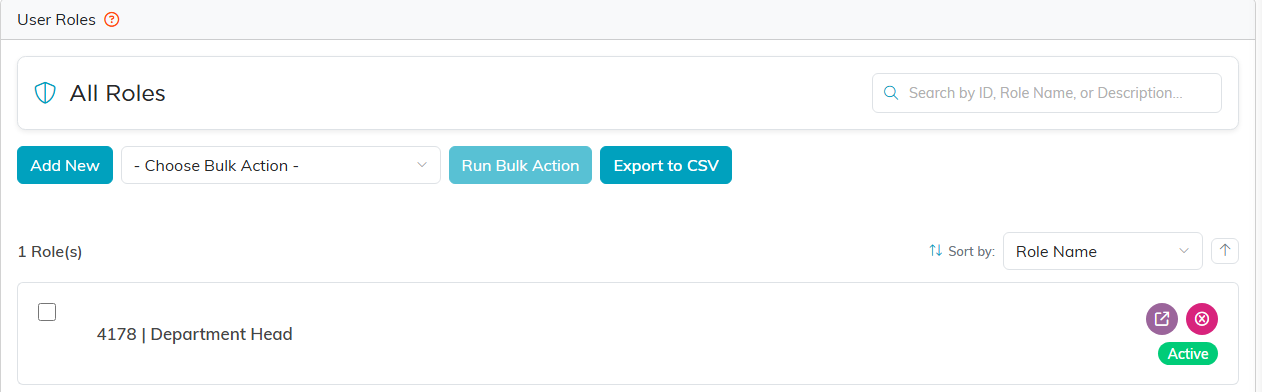 The All Roles list with an Add New button and one role listed