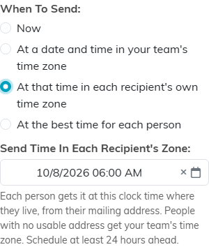 When To Send set to At that time in each recipient's own time zone, with the Send Time In Each Recipient's Zone box and its note.