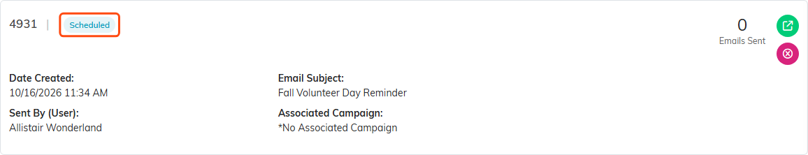 A batch on the Email Batches list with the Scheduled label beside its ID.
