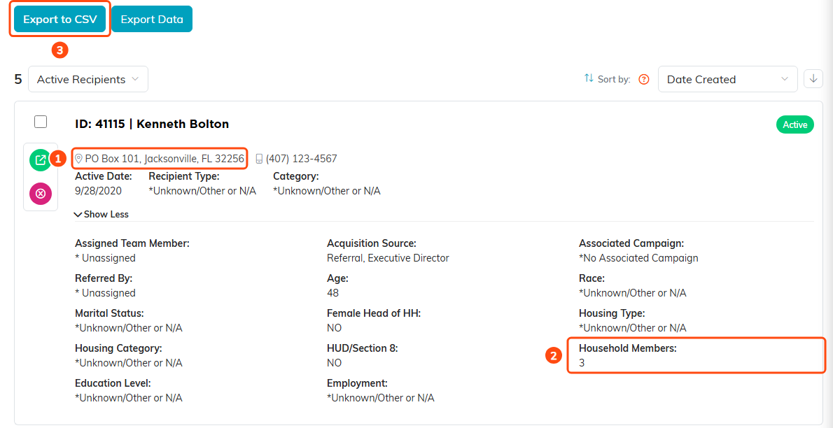 A recipient in Jacksonville with the list details open, showing Household Members, and the Export to CSV button above the list