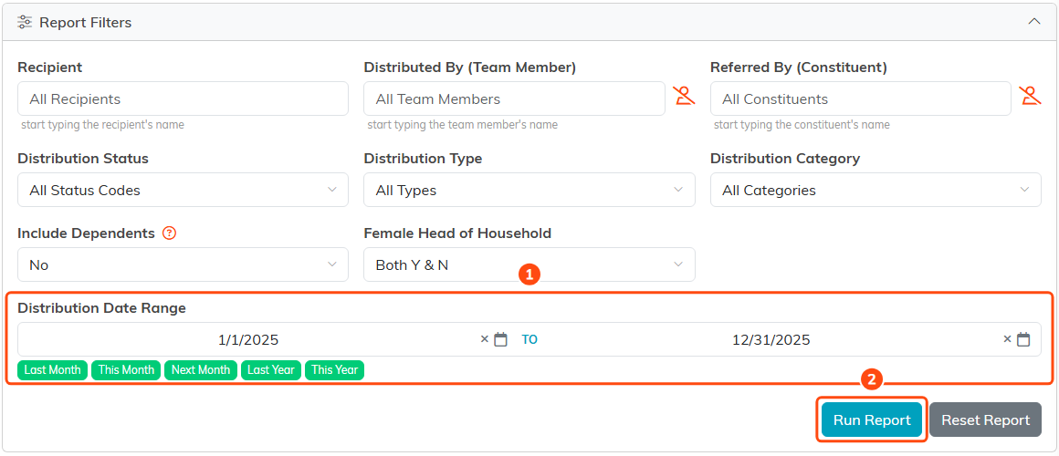 Report Filters on the Material Distributions Demographics Report, with the Distribution Date Range set to Last Year and the Run Report button