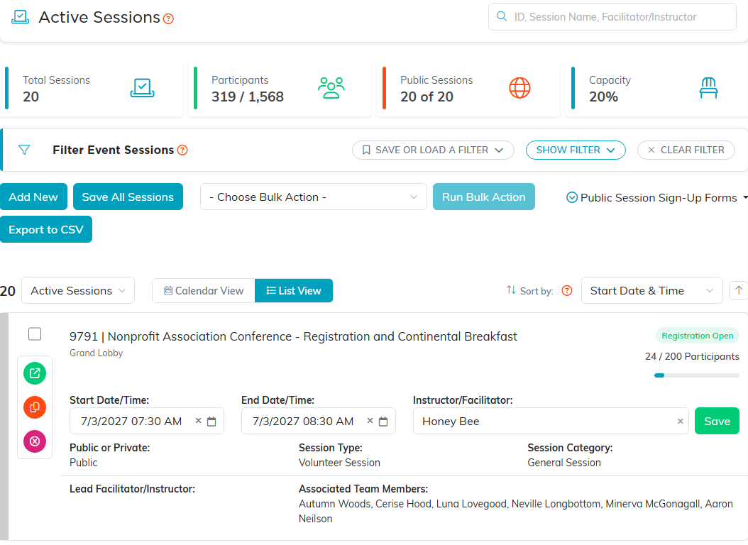 The Event Sessions list showing the session totals, the filter panel, the List and Calendar view toggle, and a session row with its instructor and dates