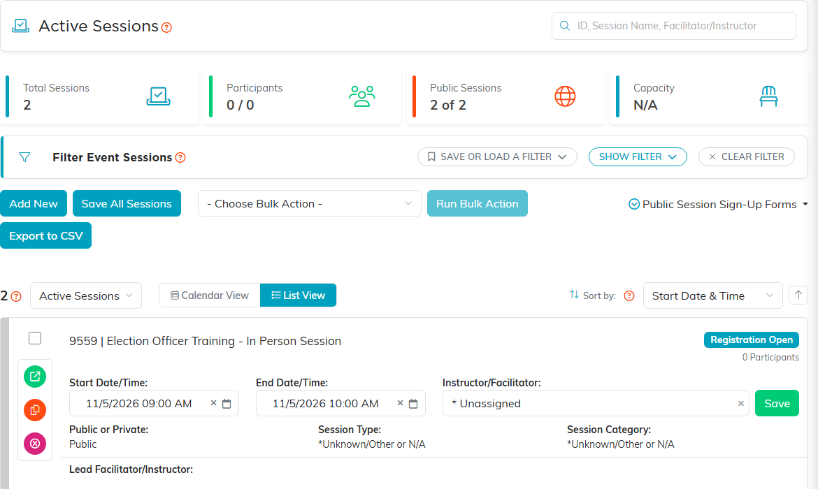 The Event Sessions list showing the session totals, the filter panel, the List and Calendar view toggle, and a session row with its instructor and dates