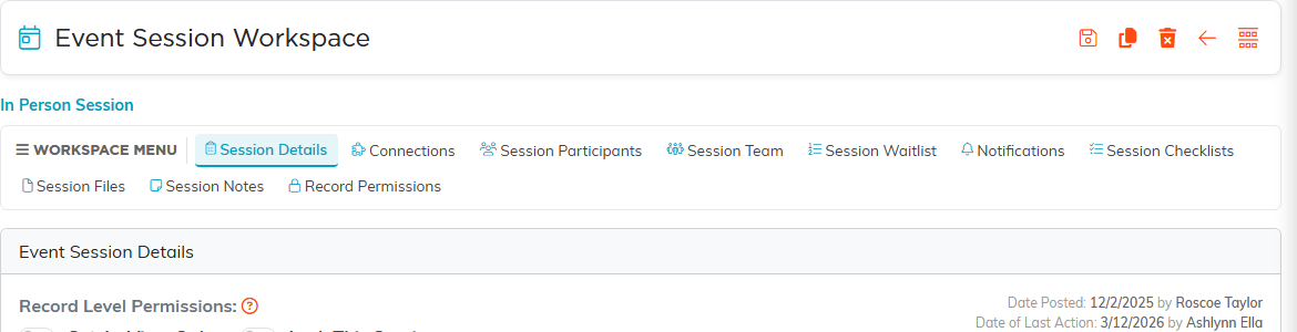 The Event Session Workspace menu showing Session Details, Connections, Session Participants, Session Team, Session Waitlist, Notifications, Session Checklists, Session Files, Session Notes and Record Permissions