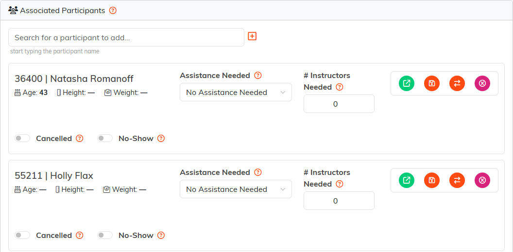 A participant card on the Associated Participants page, with the search box to add somebody, the Assistance Needed and Instructors Needed fields, the row of action icons, and the Cancelled and No-Show switches