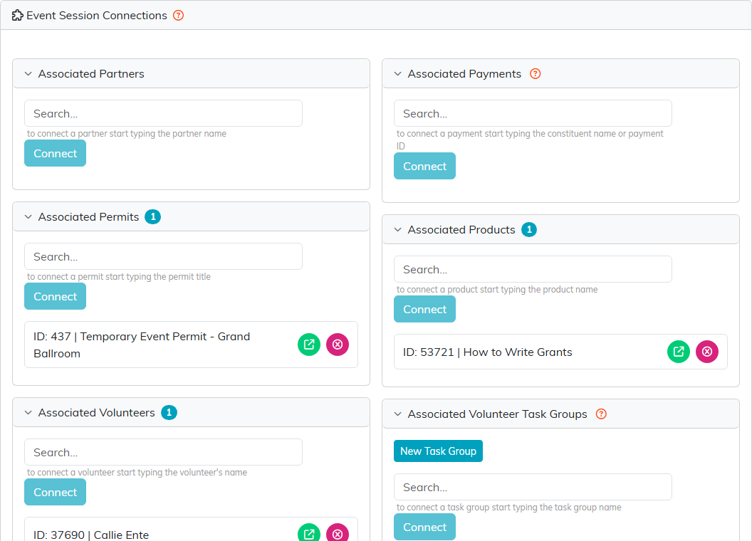 The Event Session Connections page showing the Associated Partners, Associated Payments, Associated Permits and Associated Products panels, each with a search box and a Connect button