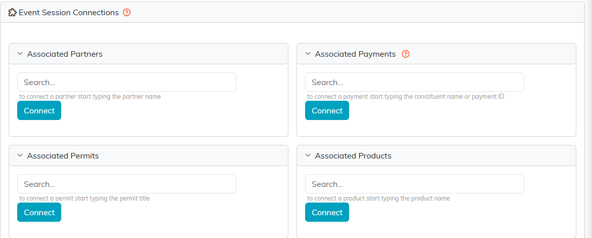 The Event Session Connections page showing the Associated Partners, Associated Payments, Associated Permits and Associated Products panels, each with a search box and a Connect button