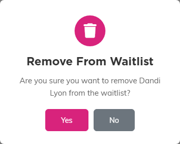 The Remove From Waitlist question asking whether to remove Dandi Lyon from the waitlist, with Yes and No