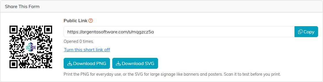 The Share This Form card showing a QR code, the Public Link box holding a short link ending in slash s and a short code, a Copy button, the number of times it has been opened, a Turn this short link off link, and Download PNG and Download SVG buttons