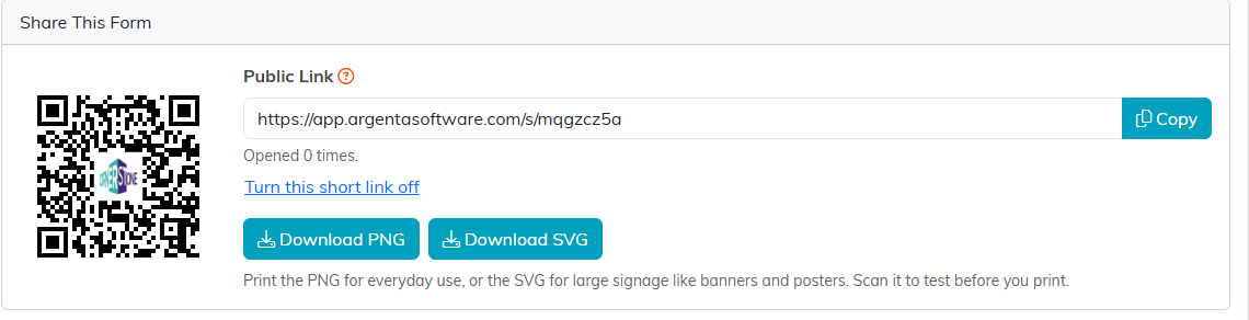 The Share This Form card showing a QR code, the Public Link box holding a short link ending in slash s and a short code, a Copy button, the number of times it has been opened, a Turn this short link off link, and Download PNG and Download SVG buttons