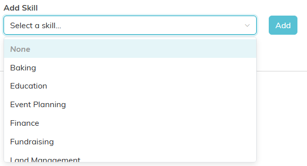 The Add Skill drop-down open, listing the organization's skills such as Baking, Education, Event Planning and Finance