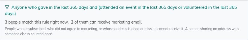 The rule written as a sentence, then 3 people match this rule right now and 2 of them can receive marketing email