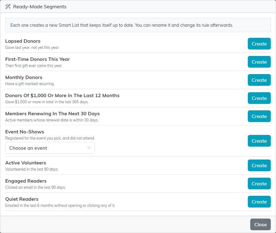 The Ready-Made Segments window listing nine segments, each with a Create button