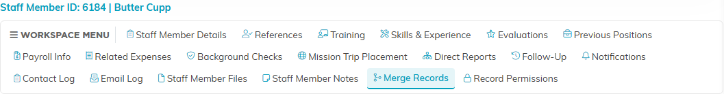 The staff member workspace menu, listing Staff Member Details, References, Training, Skills and Experience, Evaluations, Previous Positions, Payroll Info and the rest
