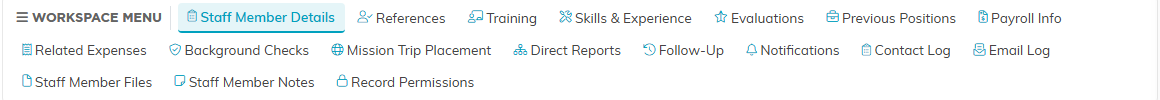 The staff member workspace menu, listing Staff Member Details, References, Training, Skills and Experience, Evaluations, Previous Positions, Payroll Info and the rest