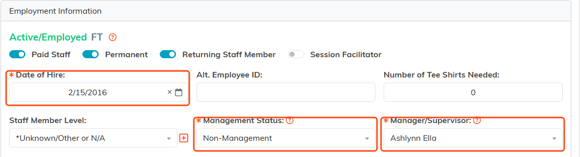 The Employment Information card on a staff member record, with the three required fields marked