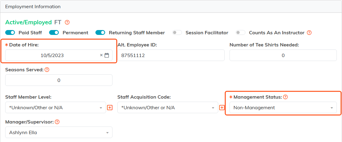 The Employment Information card on a staff member record, with the two required fields marked