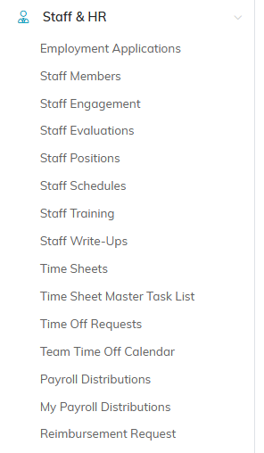 The Staff and HR menu expanded, listing Staff Members and the other staff pages