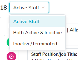 The staff list status dropdown open, showing Active Staff, Both Active and Inactive, and Inactive slash Terminated