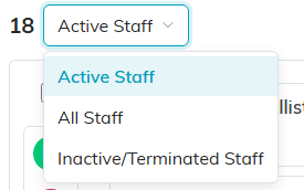 The staff list status dropdown open, showing Active Staff, All Staff, and Inactive slash Terminated Staff