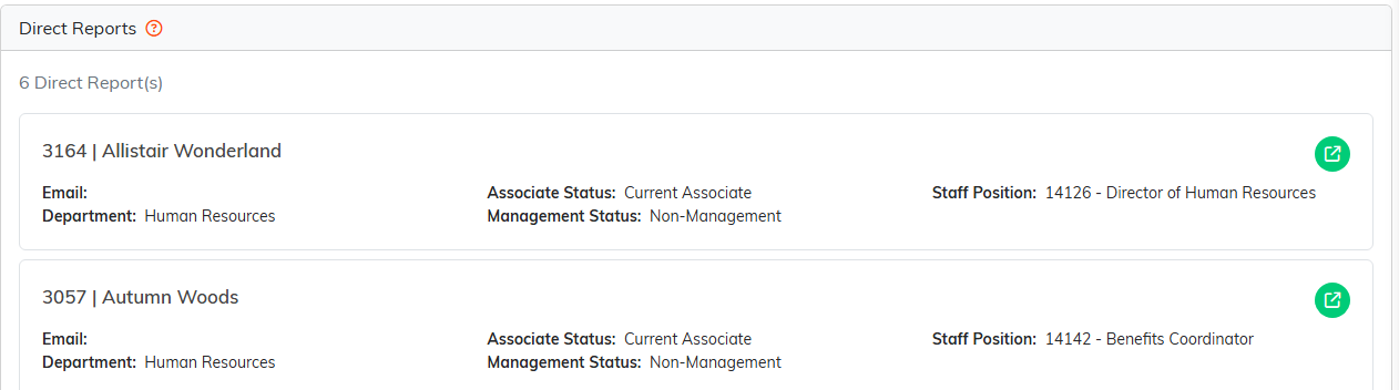 The Direct Reports page for a manager, listing the staff members who report to them