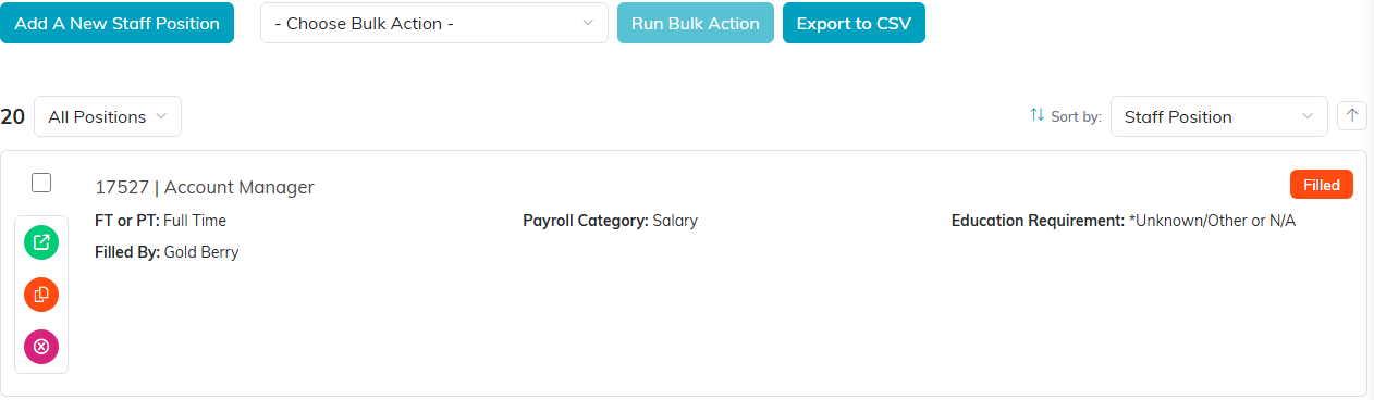 The staff positions list with the Add A New Staff Position button above one position card
