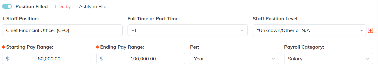 Staff Position Details showing Position Filled, the job title, full time or part time, level, pay range, Per and payroll category