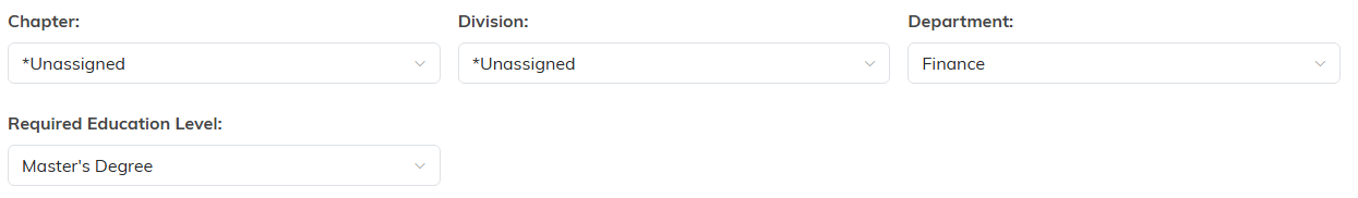 The Chapter, Division, Department and Required Education Level fields