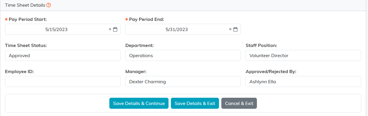Time Sheet Details showing the pay period dates and the read only status, department, position, manager and approver fields