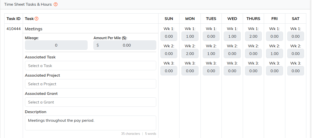 The Tasks and Hours grid with a task row and a column for each day of the week