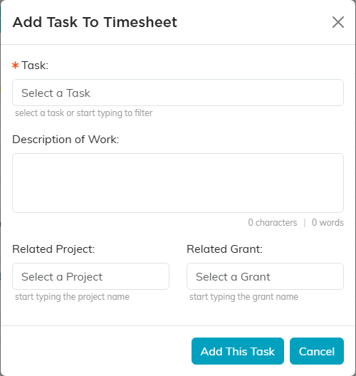The Add Task To Timesheet box with Task, Description of Work, Related Project and Related Grant