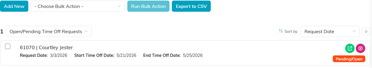 The Time Off Requests list with the Add New button above one request card
