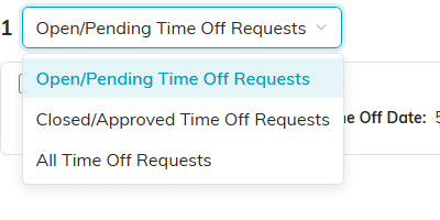 The status dropdown open, showing Open slash Pending, Closed slash Approved and All Time Off Requests