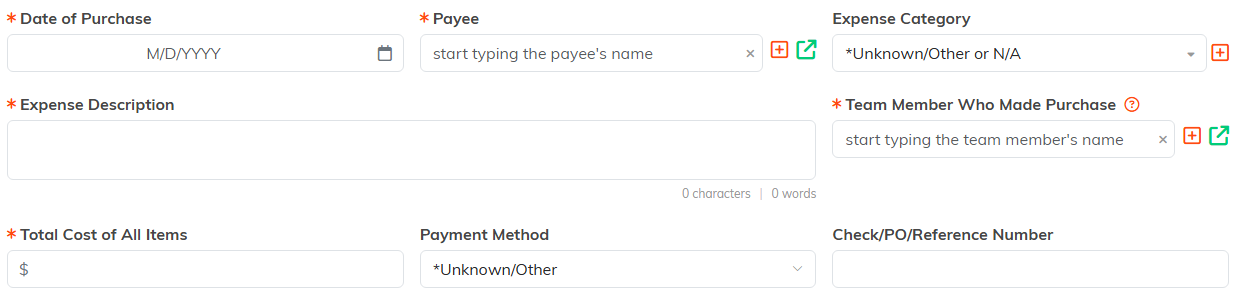 The top of the reimbursement form with date of purchase, payee, expense category, description, team member, total cost, payment method and reference number