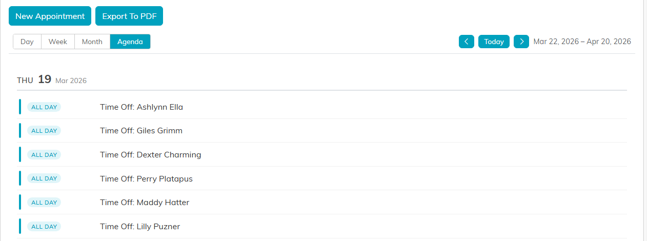 The calendar in Agenda view listing several all day time off entries for one date