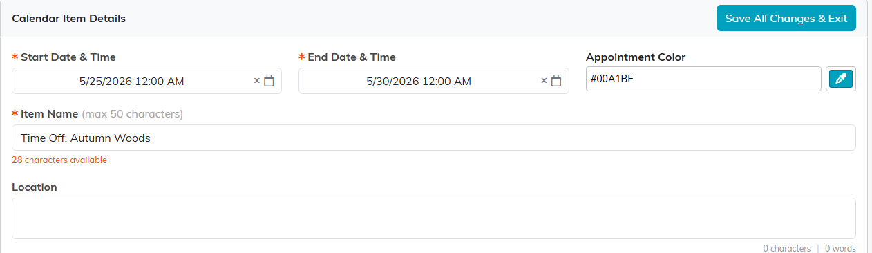 The calendar item screen with start and end date and time, appointment color, item name and location