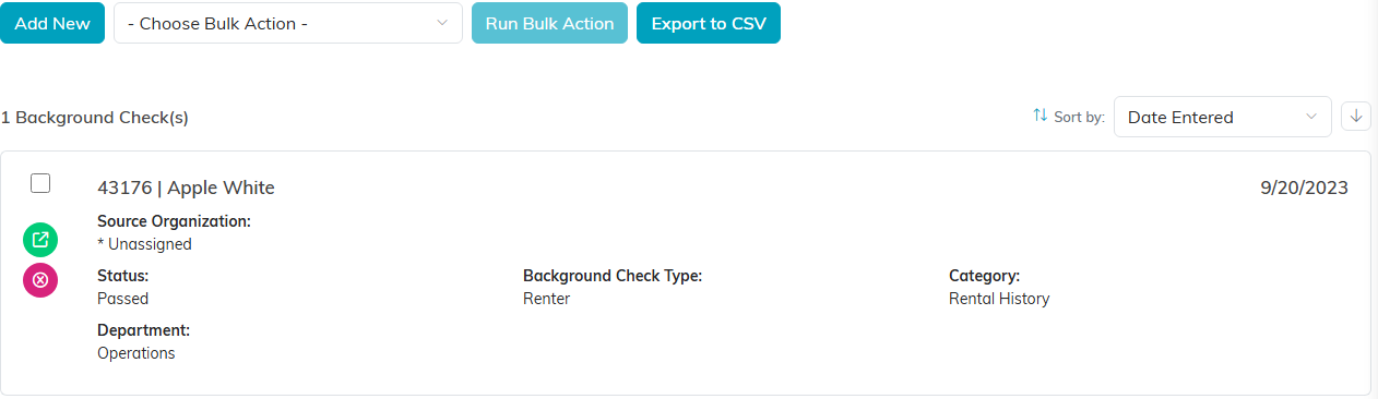 The Background Checks list with the Add New button above one check card showing status, type and category