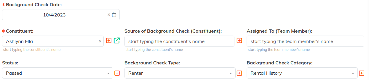 Background Check Details showing the check date, constituent, source, assigned team member, status, type and category