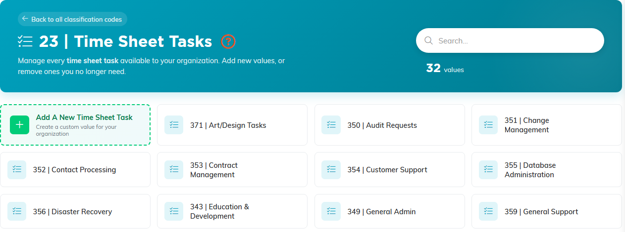 The Time Sheet Tasks classification list showing the Add A New Time Sheet Task tile and the existing tasks