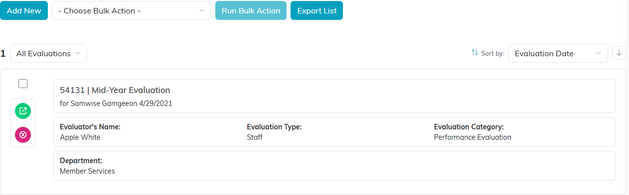 The Evaluations list with the Add New button above one evaluation card showing the evaluator, type and category