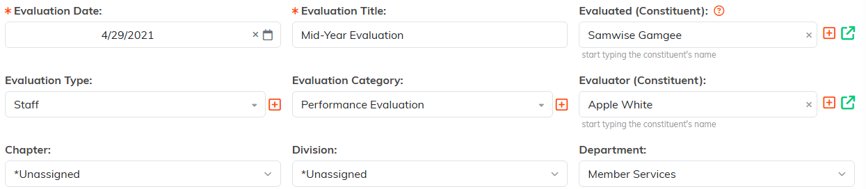 Evaluation Details showing the date, title, person evaluated, type, category, evaluator, chapter, division and department