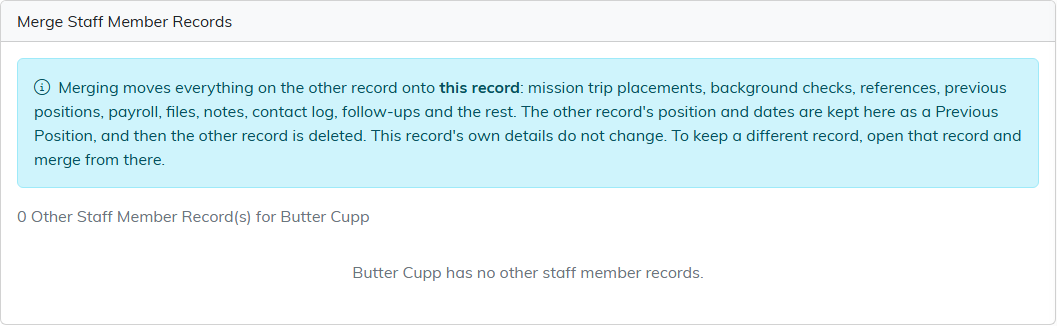 The Merge Records tab on a staff member record, explaining what a merge moves, with the count of the person's other staff member records