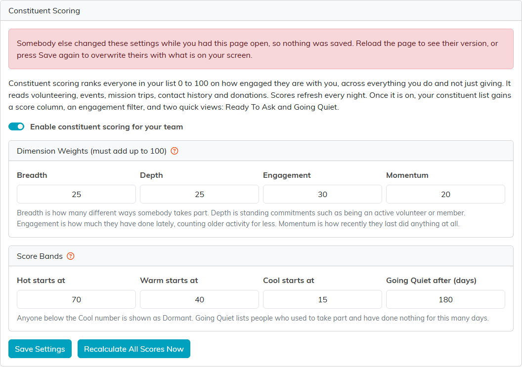 The Constituent Scoring settings page with the warning shown above the settings